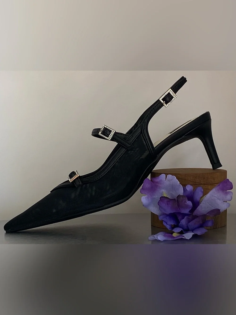 DOLCE VITA BLACK MESH KITTEN HEEL SLINGBACK PUMPS WITH RHINESTONE BUCKLES